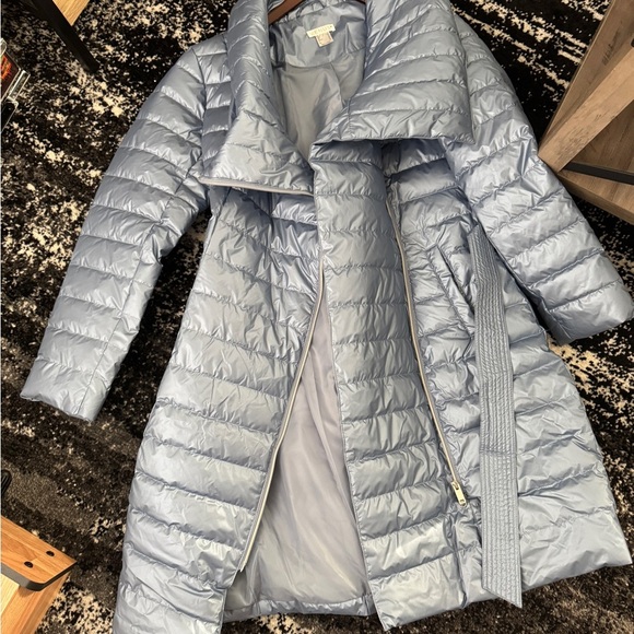 Venus Long Metallic Belted Puffer Coat Slate Blue Grey Size 6 - Picture 2 of 3